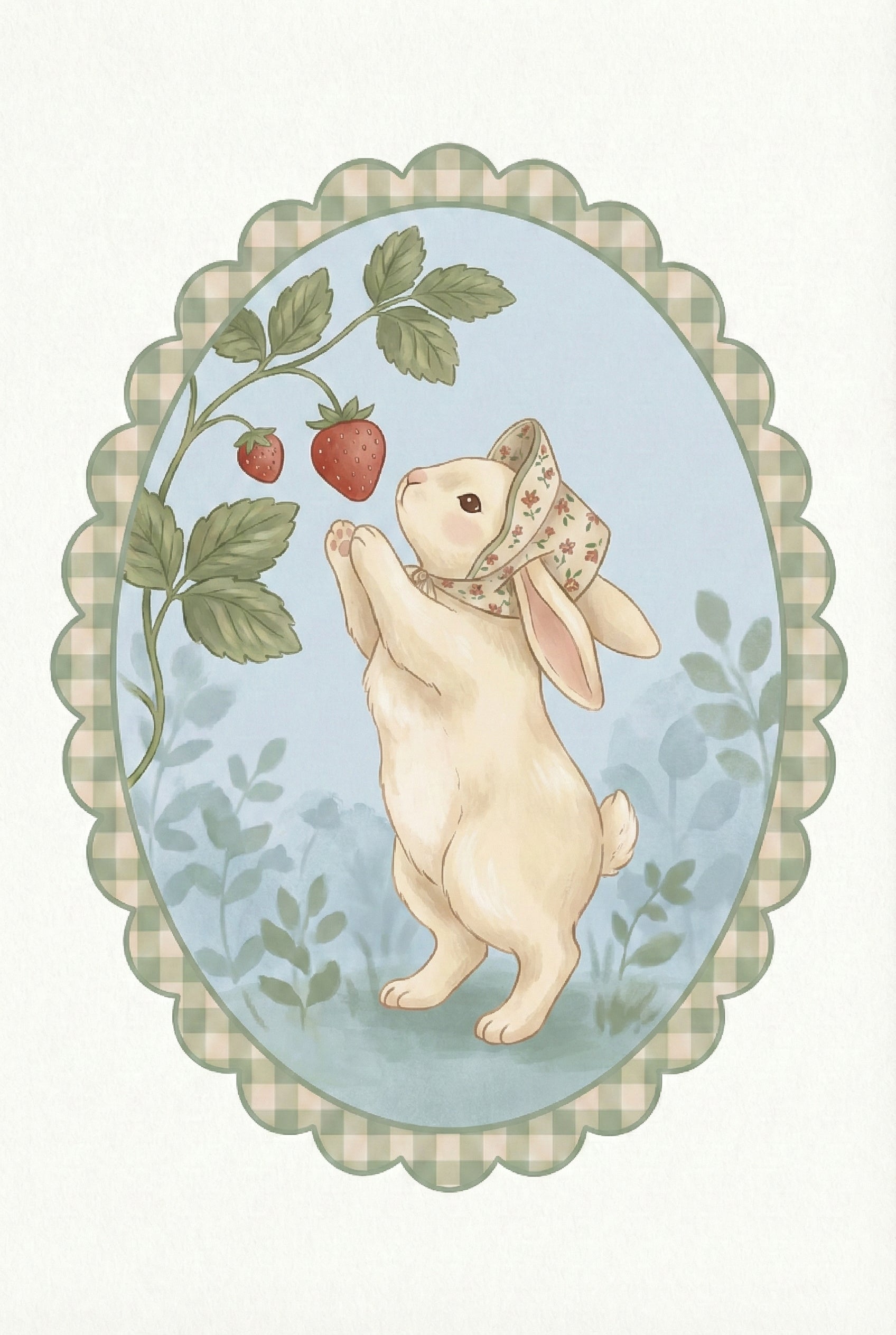Illustration of a cream colored bunny standing on its hind legs reaching toward two ripe strawberries hanging from a leafy vine. The bunny wears a soft floral bonnet and is framed inside a scalloped oval with a green gingham border against a pale blue background. The scene feels gentle and storybook inspired.

