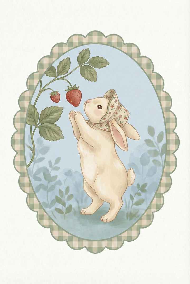 Illustration of a cream colored bunny standing on its hind legs reaching toward two ripe strawberries hanging from a leafy vine. The bunny wears a soft floral bonnet and is framed inside a scalloped oval with a green gingham border against a pale blue background. The scene feels gentle and storybook inspired.

