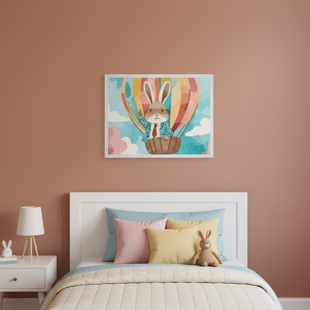 Kid's bedroom with a white bed and nightstand. A framed watercolor print of a rabbit in a hot air balloon hangs centered above the bed. The rabbit wears a suit jacket and waves.