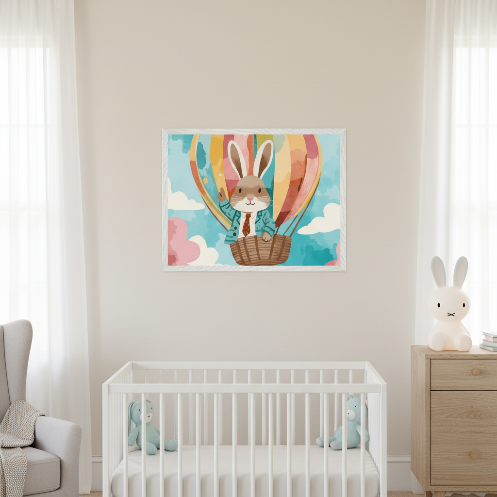 Modern nursery with a white crib and light wood dresser. A gray armchair is on the left. A framed watercolor illustration of a brown bunny in a hot air balloon hangs above the crib.