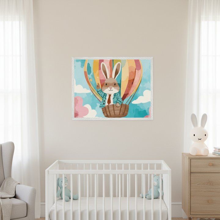 Modern nursery with a white crib and light wood dresser. A gray armchair is on the left. A framed watercolor illustration of a brown bunny in a hot air balloon hangs above the crib.