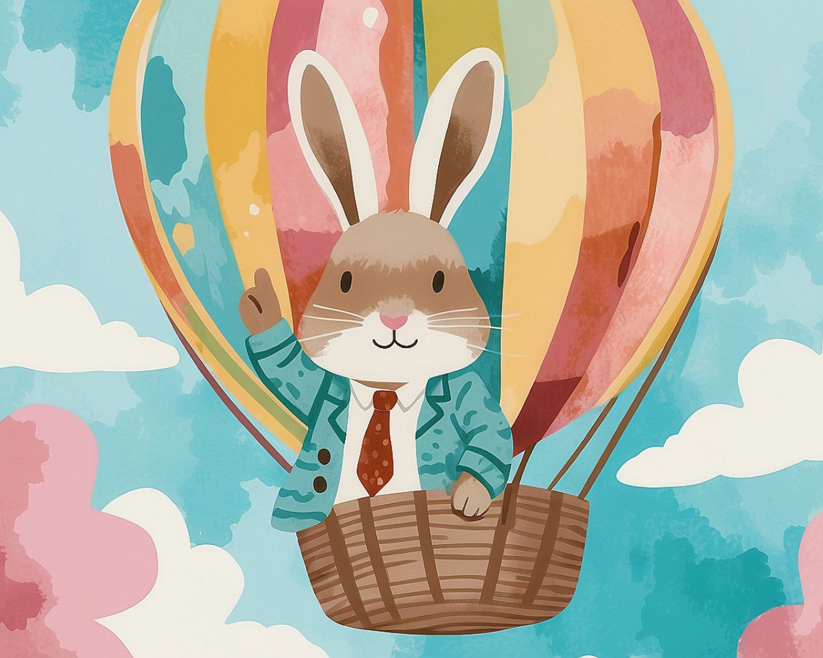 A whimsical illustration of a rabbit wearing a teal jacket and red polka-dot tie, waving from a wicker basket of a colorful hot air balloon. The balloon features vibrant patches of orange, pink, and blue, floating against a sky with fluffy clouds and pastel hues.