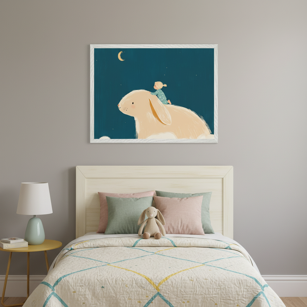 Kid's bedroom with a white bed and patterned quilt. A large framed print of a child riding a light brown rabbit under a moonlit sky in an illustrative style hangs centered above the bed. A yellow nightstand with a lamp is to the left.