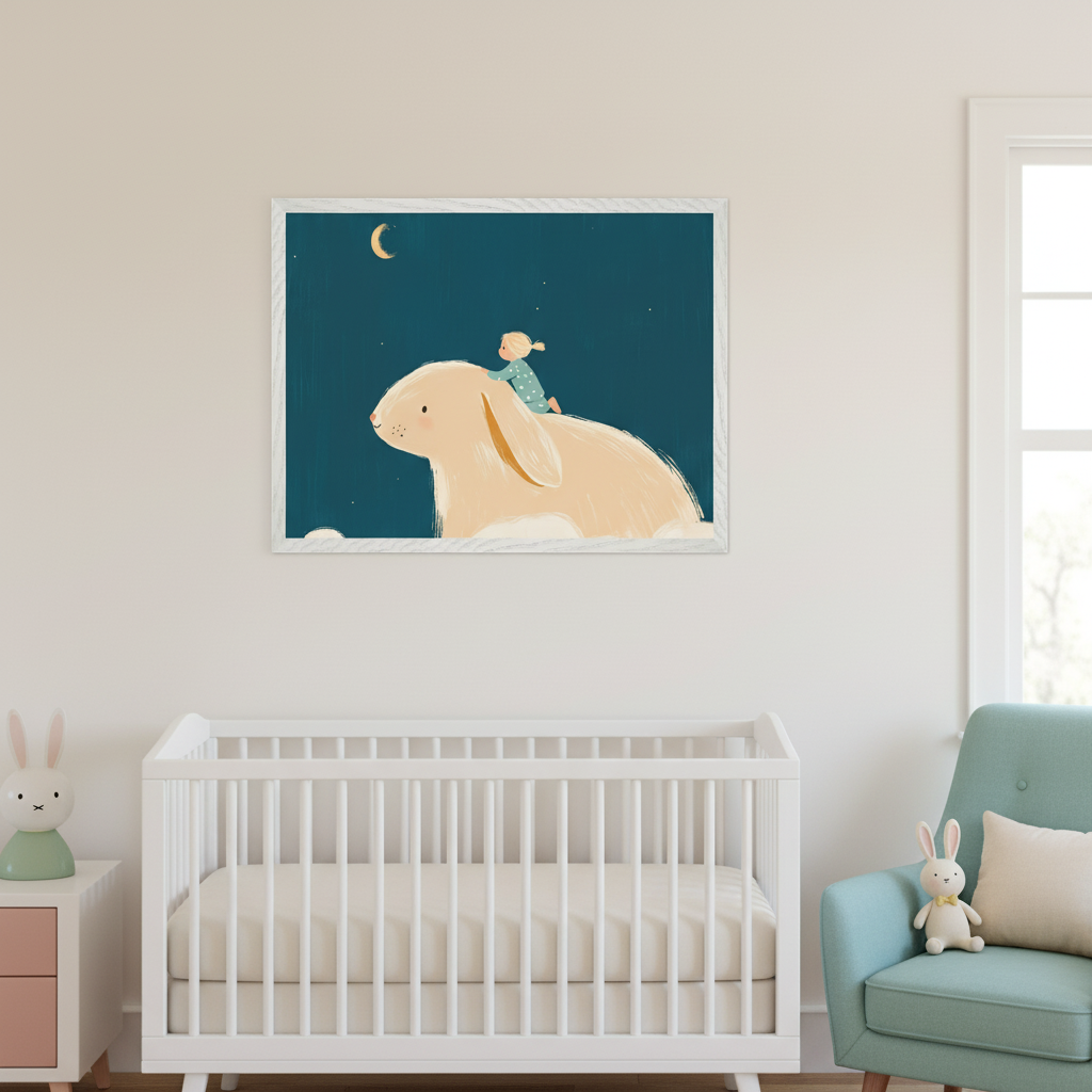 Modern nursery with a white crib. A large framed print of a child riding a cream rabbit under a dark blue night sky with a crescent moon hangs centered above the crib. The artwork is a childlike illustration.