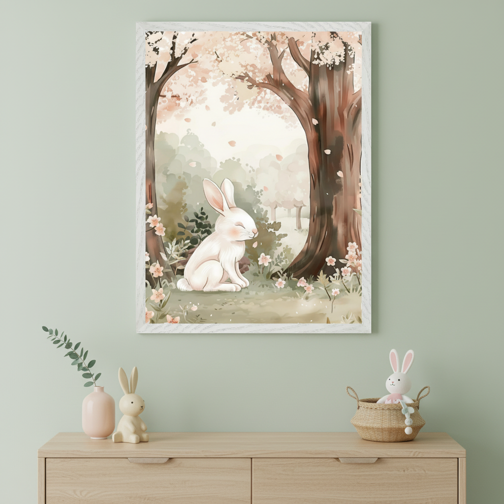 Modern kid's room with a light wood dresser against a light green wall. A framed watercolor illustration of a white bunny sitting in a spring forest with pink blossoms hangs centered above the dresser.
