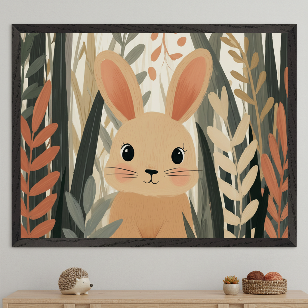 Framed illustration of a wide-eyed, blush-cheeked bunny surrounded by tall, stylized foliage in warm autumn tones. The print hangs above a wooden dresser decorated with a small hedgehog figurine, a succulent, and a basket of textured balls, creating a playful woodland nursery vibe.