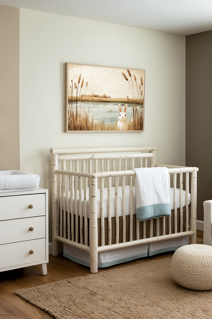 A modern nursery styled in gentle, earthy tones featuring a white crib, cozy textiles, and natural textures. Above the crib hangs an illustrated artwork depicting a white bunny by a peaceful pond, enhancing the room’s calm and inviting feel.