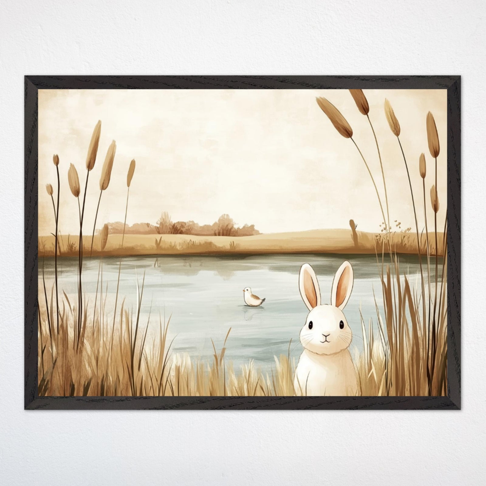 A cozy and inviting child's bedroom decorated in soothing neutrals and soft blue accents, featuring a natural wood bed, plush textiles, and simple furnishings. Above the bed, a framed illustration of a bunny by a peaceful pond adds warmth and charm, emphasizing the room's relaxing, nature-inspired theme.