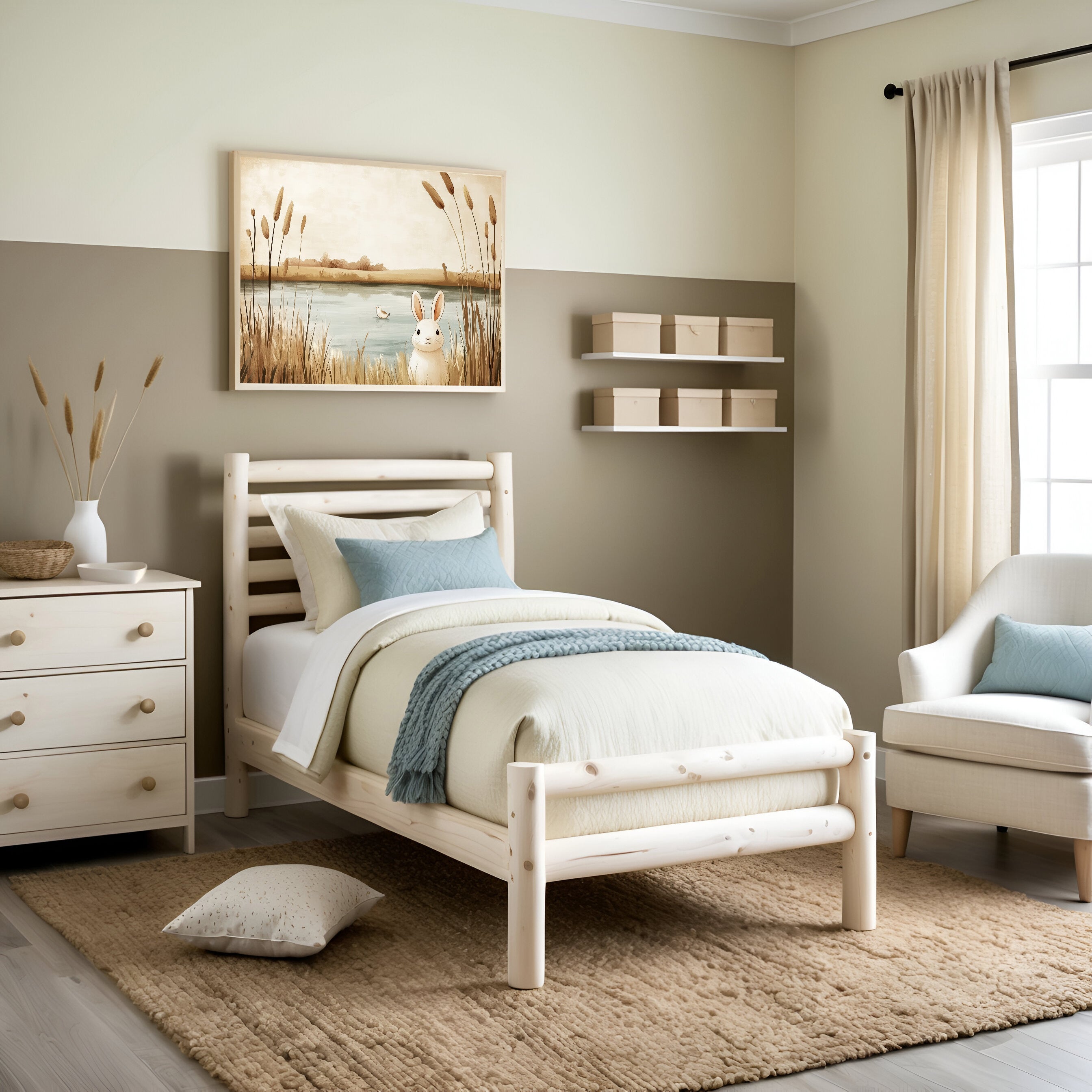 A cozy and inviting child's bedroom decorated in soothing neutrals and soft blue accents, featuring a natural wood bed, plush textiles, and simple furnishings. Above the bed, a framed illustration of a bunny by a peaceful pond adds warmth and charm, emphasizing the room's relaxing, nature-inspired theme.
