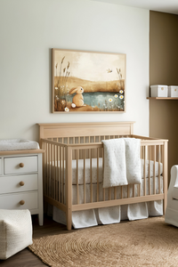 A serene nursery designed with warm neutrals and gentle textures, featuring a natural wooden crib, soft bedding, and subtle decorative accents. Above the crib hangs a peaceful illustration of a bunny by a pond watching a dragonfly, enhancing the room’s calm and welcoming feel.