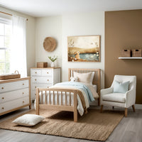 A soothing, nature-inspired child's bedroom decorated in soft earth tones, featuring wooden furniture, plush bedding, and cozy textures. The artwork of a bunny by a pond observing a dragonfly adds a playful and calming focal point, complementing the room’s relaxed atmosphere.