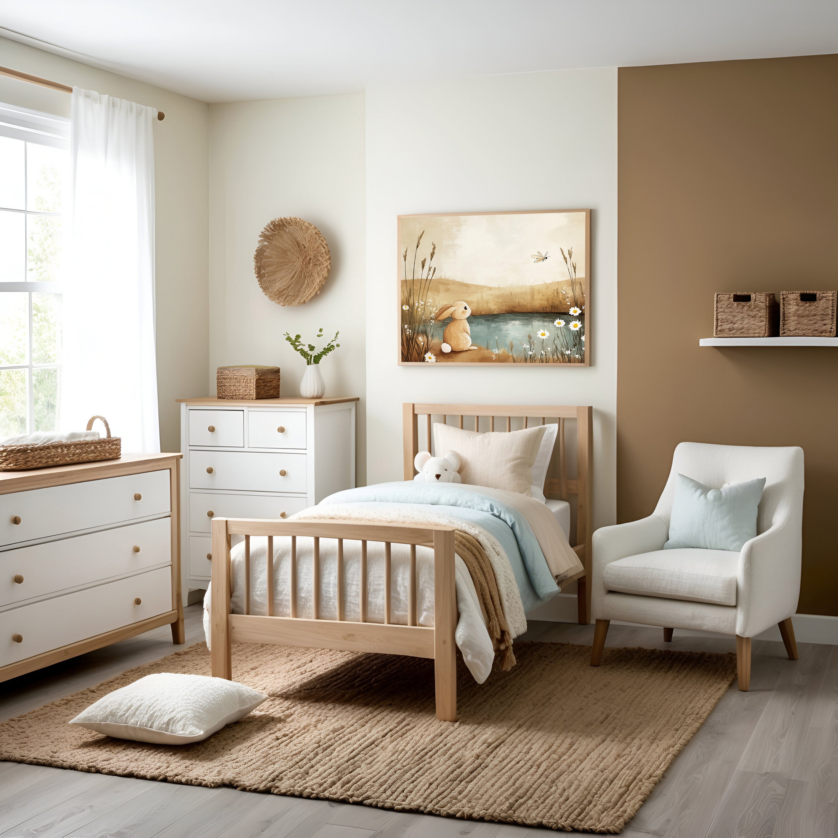 A soothing, nature-inspired child's bedroom decorated in soft earth tones, featuring wooden furniture, plush bedding, and cozy textures. The artwork of a bunny by a pond observing a dragonfly adds a playful and calming focal point, complementing the room’s relaxed atmosphere.