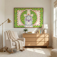 Framed wall art of a gray bunny wearing a large cream cowboy hat with a red star and a lavender bandana, set against a yellow and teal leopard print background in a warmly lit nursery. This bold and playful animal artwork adds personality and charm to modern kids’ wall art decor.