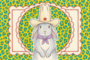 Illustration of a gray bunny standing upright in a cowboy hat and purple scarf, surrounded by a vibrant leopard print background with a decorative red-lined border. This fun and expressive piece brings bold color and character to nursery or animal-themed wall art collections.