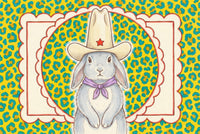 Illustration of a gray bunny standing upright in a cowboy hat and purple scarf, surrounded by a vibrant leopard print background with a decorative red-lined border. This fun and expressive piece brings bold color and character to nursery or animal-themed wall art collections.