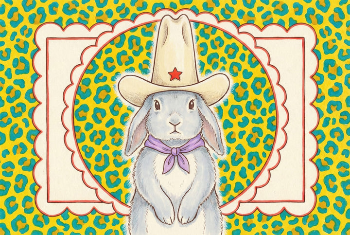 Illustration of a gray bunny standing upright in a cowboy hat and purple scarf, surrounded by a vibrant leopard print background with a decorative red-lined border. This fun and expressive piece brings bold color and character to nursery or animal-themed wall art collections.