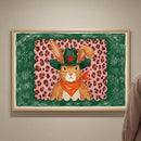 Framed wall art of a confident bunny in a dark green cowboy hat with a red star and orange bandana, posed in front of a pink and brown leopard print with a green crayon-style border. The quirky western bunny illustration adds a fun twist to animal-themed wall art.