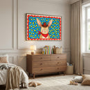 Cowboy bunny wall art hanging above a wooden dresser in a cozy, light-filled kids’ bedroom with neutral furnishings and soft textures. The framed print adds a bold pop of color and a playful western charm to nursery or children's room wall art collections.