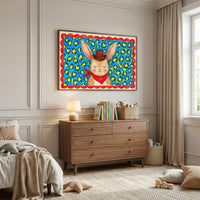 Cowboy bunny wall art hanging above a wooden dresser in a cozy, light-filled kids’ bedroom with neutral furnishings and soft textures. The framed print adds a bold pop of color and a playful western charm to nursery or children's room wall art collections.