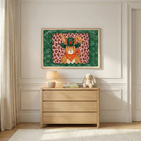 Cowboy bunny wall art displayed above a light wood dresser in a softly lit, neutral-toned children’s room. The framed artwork brings playful personality and bold color to kids’ wall art and nursery decor.