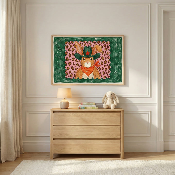 Cowboy bunny wall art displayed above a light wood dresser in a softly lit, neutral-toned children’s room. The framed artwork brings playful personality and bold color to kids’ wall art and nursery decor.