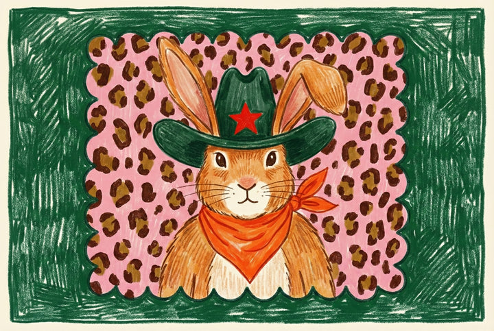 Illustration of a brown bunny wearing a green cowboy hat and orange bandana, set against a lively pink leopard print background and framed by a scribbled green border. This expressive and whimsical piece adds character and charm to eclectic or children’s wall art collections.