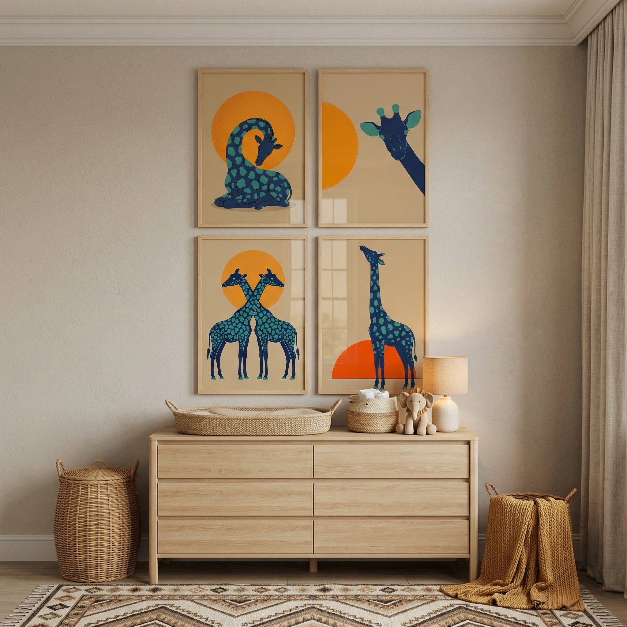 Burnt Orange Sun Giraffe Wall Art Set of 4 - Azure Safari Sun