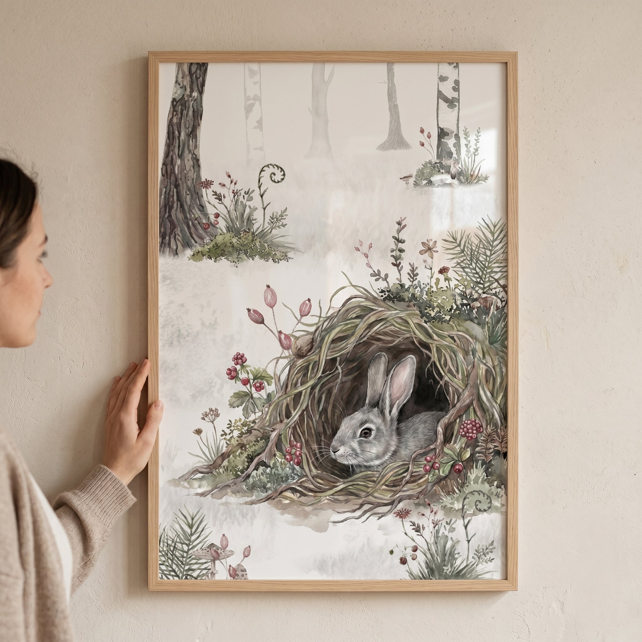 Burrow Peering Grey Bunny Wall Art - Winter Forest Burrow