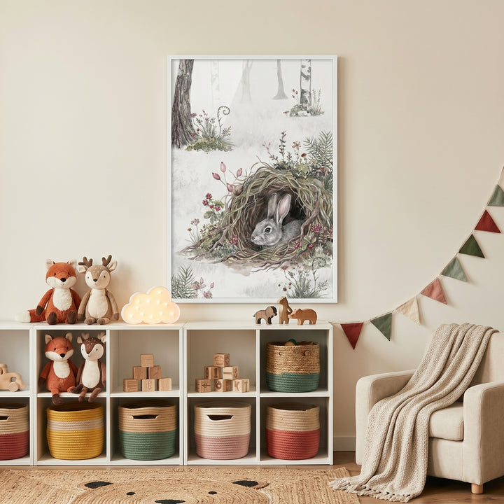 A nursery featuring burrow peering grey bunny wall art above cube shelving with plush toys, baskets, and a cozy armchair.