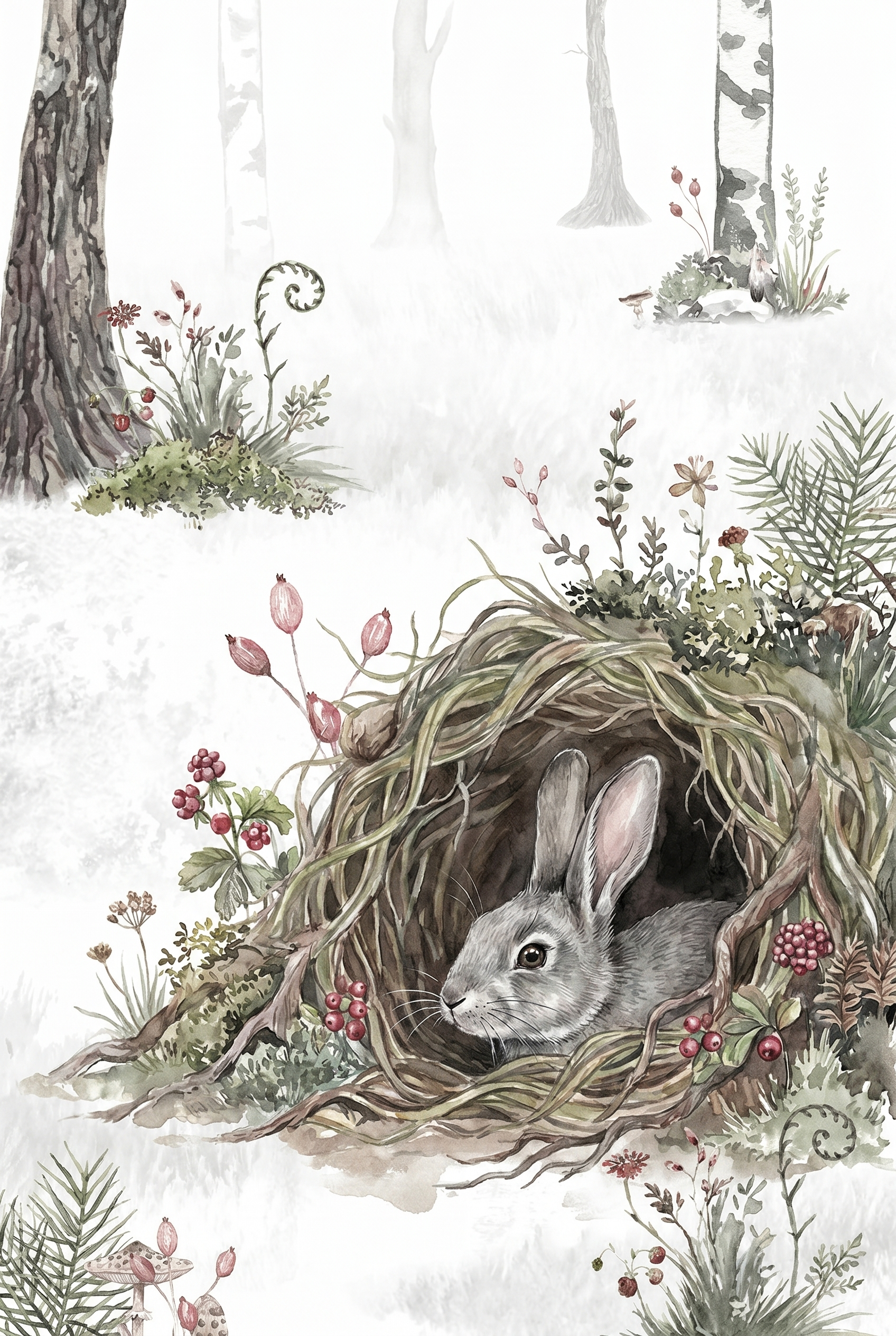 Burrow Peering Grey Bunny Wall Art - Winter Forest Burrow