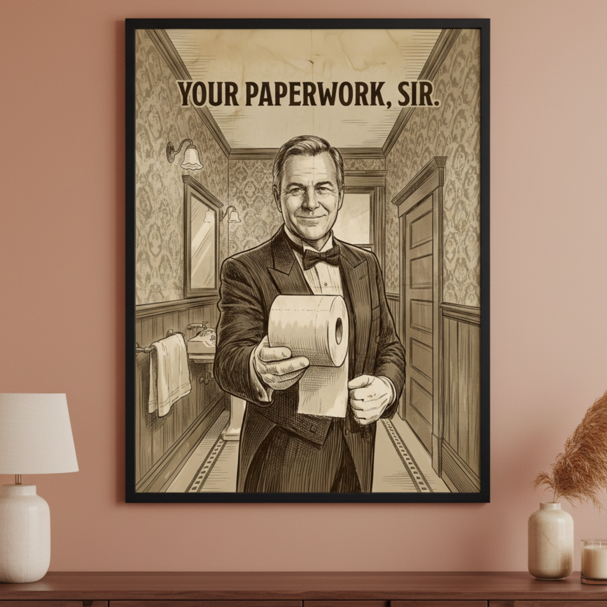 Modern room with a wooden credenza. A large, black-framed sepia illustration of a smiling butler offering toilet paper, titled 'YOUR PAPERWORK, SIR.', hangs centrally above the credenza.