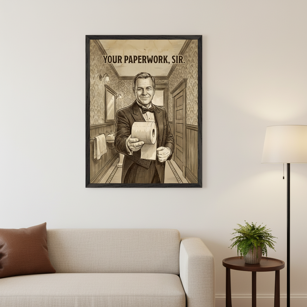 Living room with a light beige sofa, dark wood side table, and floor lamp. Above the sofa hangs a framed sepia-toned print of a man in a tuxedo offering toilet paper with text "YOUR PAPERWORK, SIR" in a vintage sketch style.
