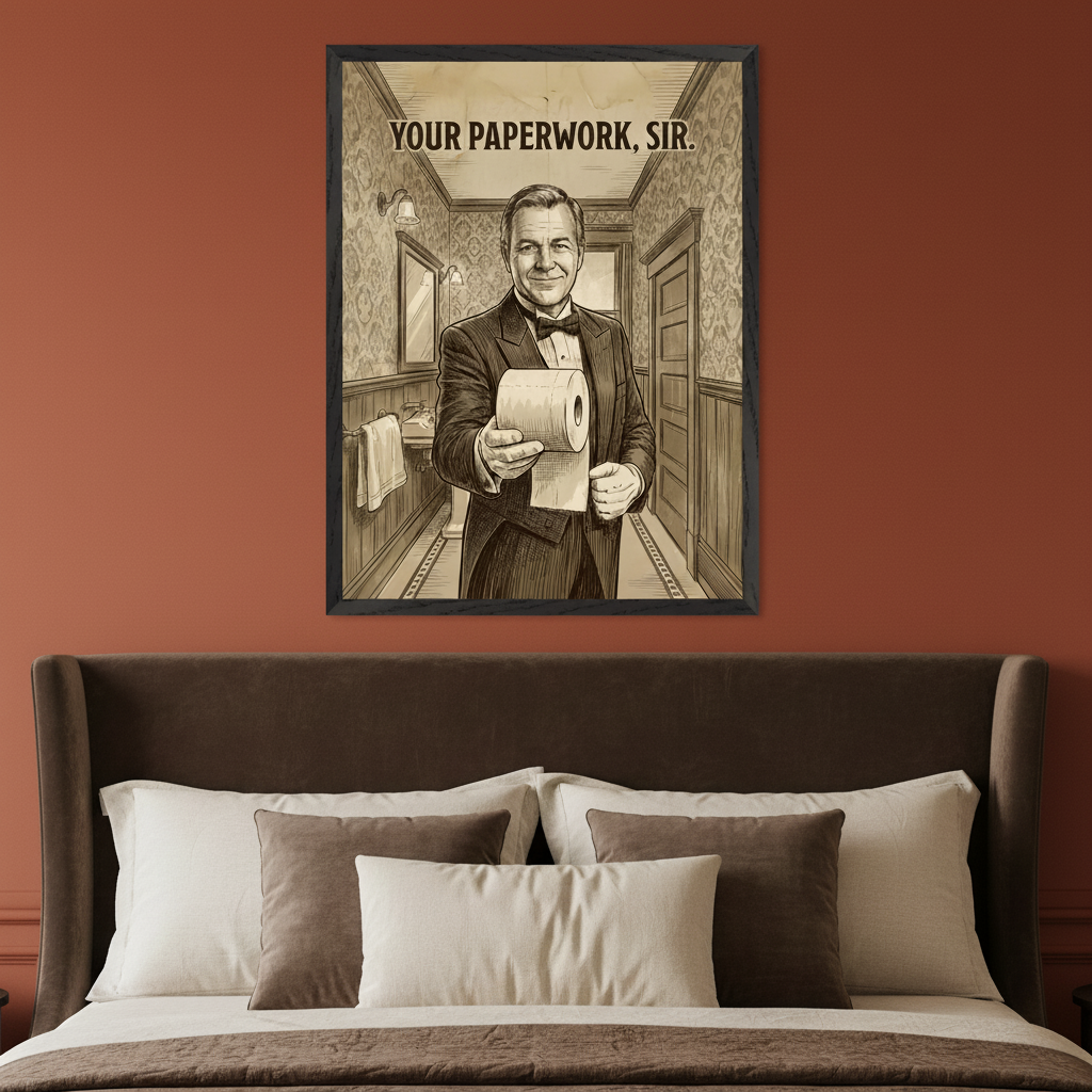 Contemporary bedroom with a brown upholstered bed. Centered above the bed hangs a framed sepia-toned illustration of a man in a tuxedo offering toilet paper, with the text "YOUR PAPERWORK, SIR."