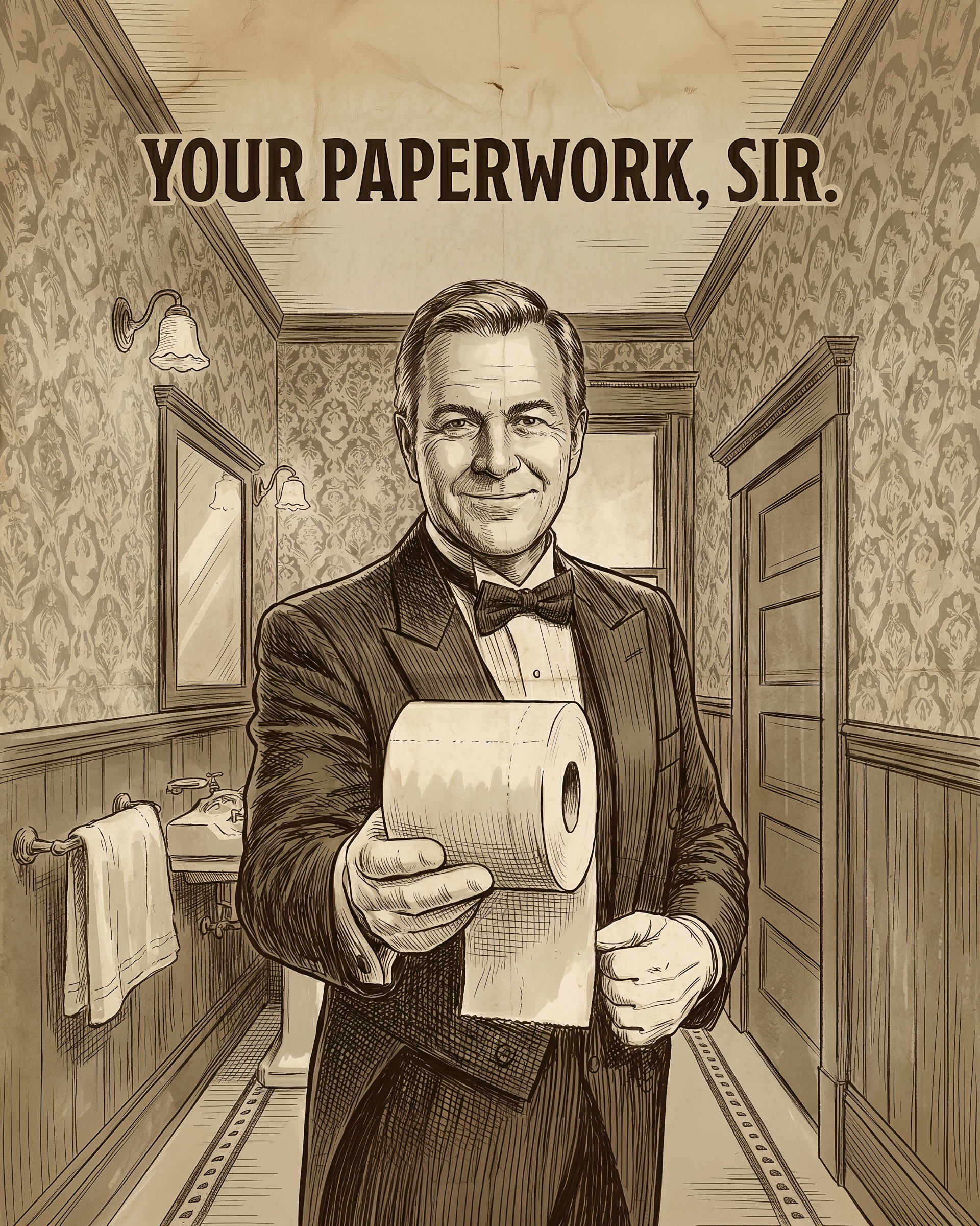 A vintage sepia-toned illustration of a dignified man in a tuxedo presenting a roll of toilet paper in a grand restroom, paired with the caption “Your paperwork, sir.” The scene blends formality with cheeky humor.

