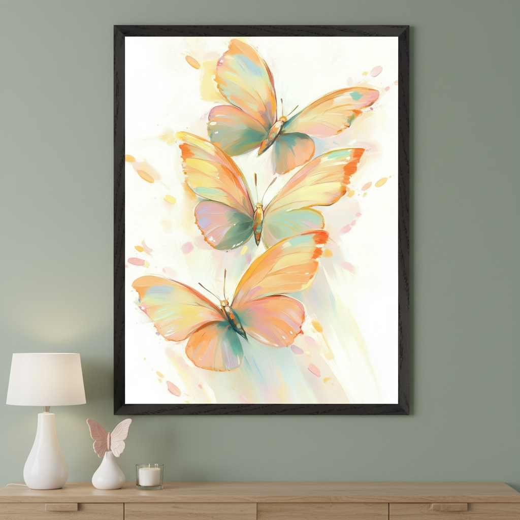 Modern living room with a light wooden dresser. A large framed print of three watercolor-style butterflies in pastel orange, yellow, and green hangs centered above the dresser.