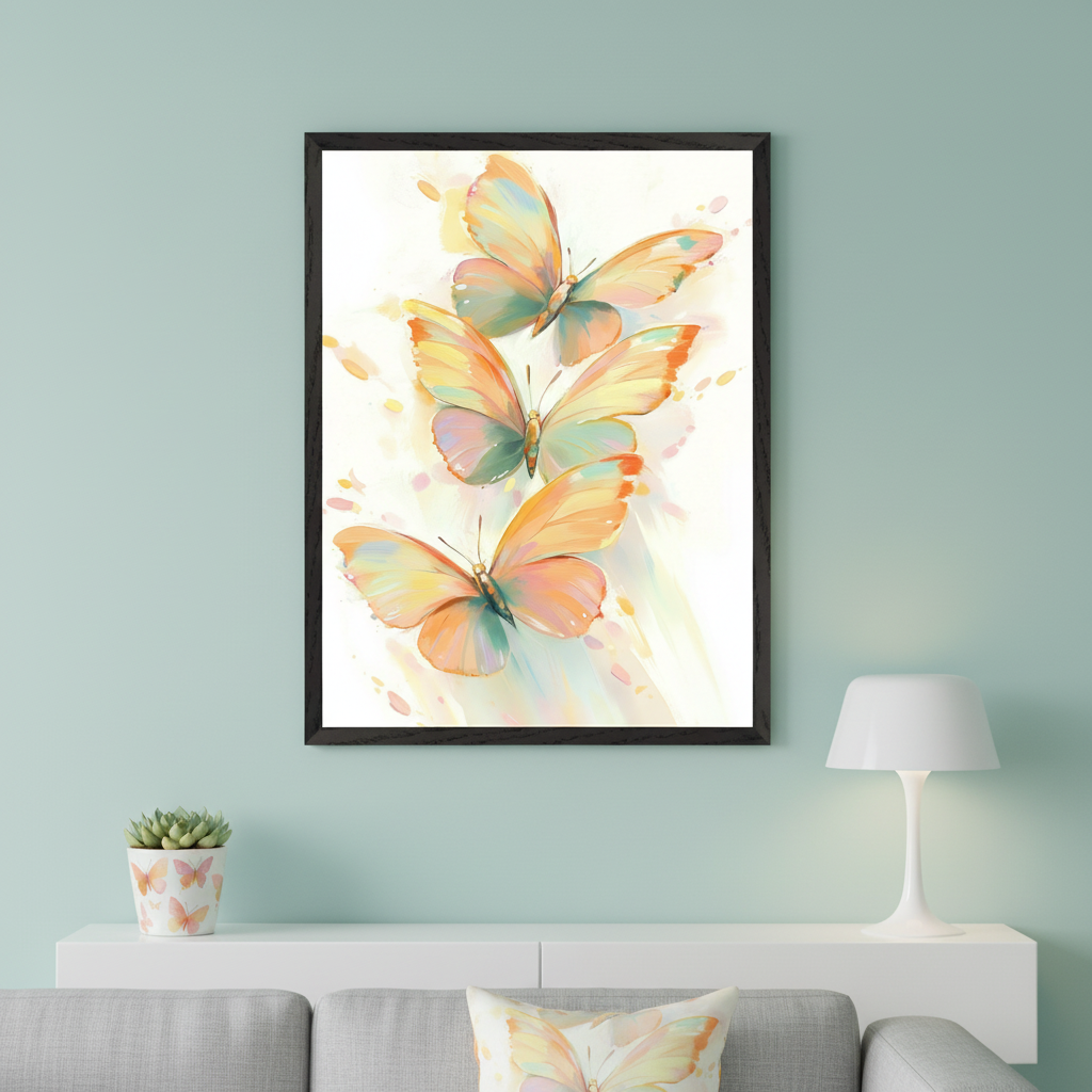 Modern living room with a grey sofa and white console. A large framed watercolor print of three pastel butterflies hangs above the console, centered above the sofa. A potted succulent and a white lamp are on the console.