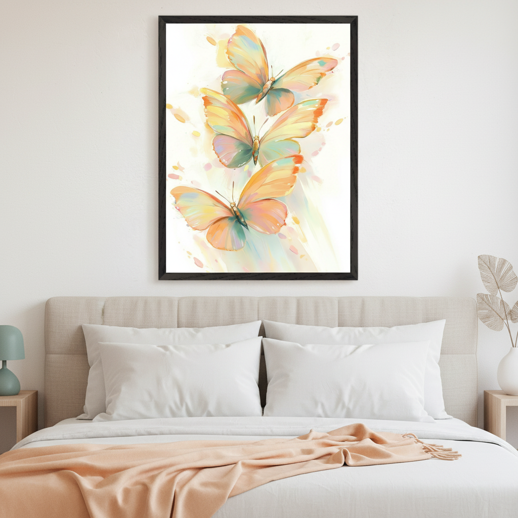 Modern bedroom with a beige tufted bed and white bedding. A large black-framed watercolor print of three warm pastel butterflies, arranged vertically, hangs centered on the white wall above the bed. Peach throw on bed.