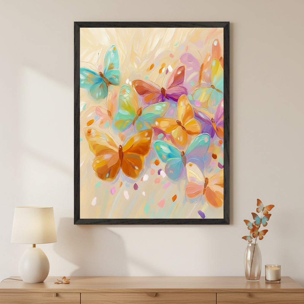 Modern room with a light wooden dresser. A large framed painting of numerous colorful butterflies with visible brushstrokes hangs centered above the dresser. A white lamp is on the left; a vase with butterfly decor and a candle are on the right.