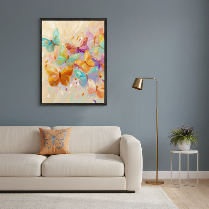 Modern living room with a beige sofa against a blue-gray wall. A large framed painting of colorful butterflies in an impressionistic style hangs above the sofa. A gold floor lamp is to the right.