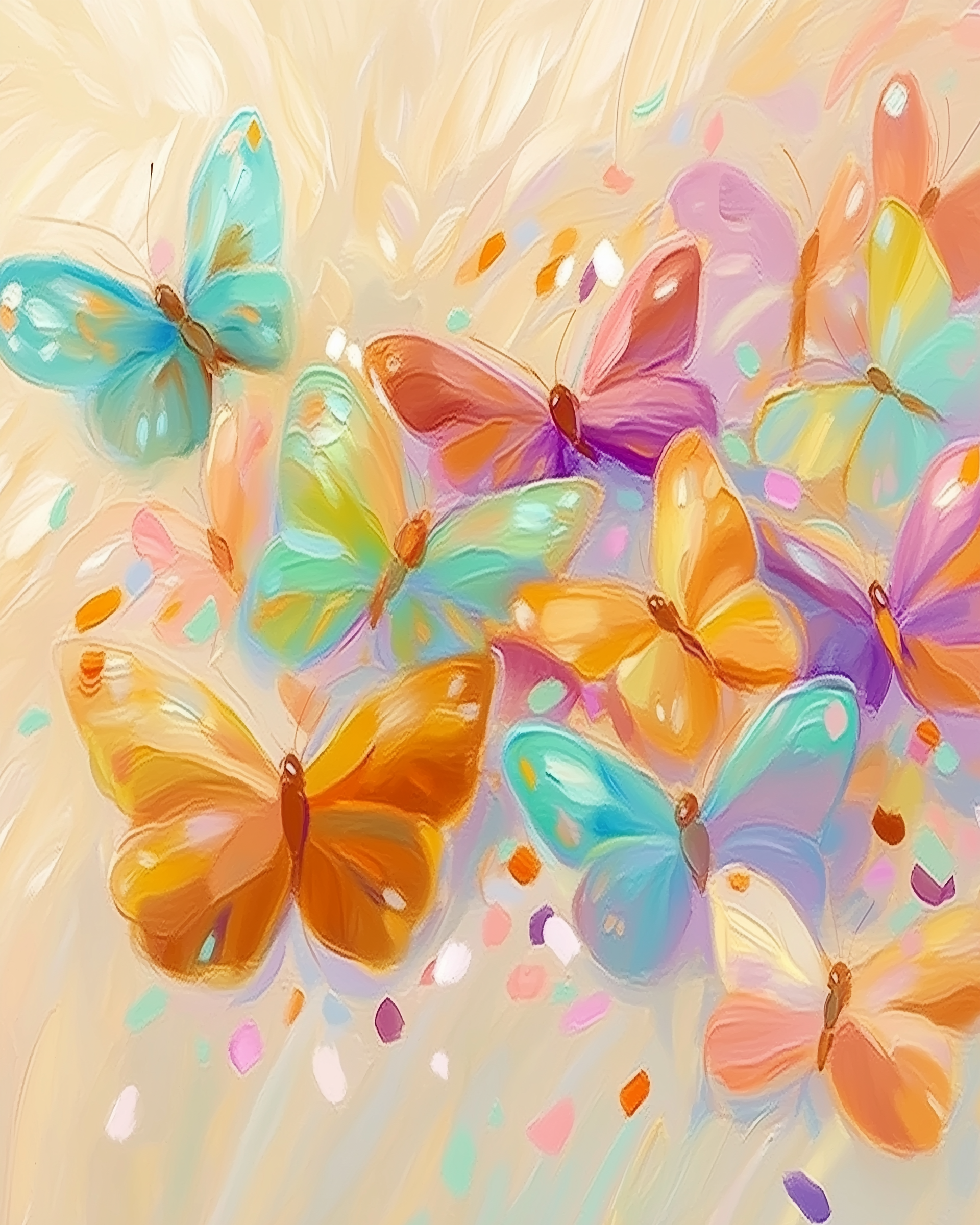 A vibrant digital painting features a group of colorful butterflies in flight, showcasing hues of blue, orange, pink, and purple. The background is a soft, warm blend of colors, enhancing the lively movement of the butterflies amidst scattered, confetti-like shapes.