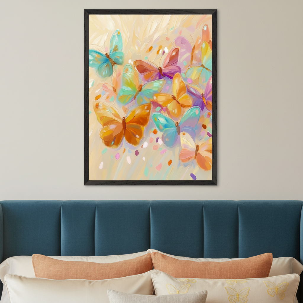Modern bedroom with a blue upholstered headboard. A framed painting of colorful, painterly butterflies on a light background with scattered specks hangs above the bed.