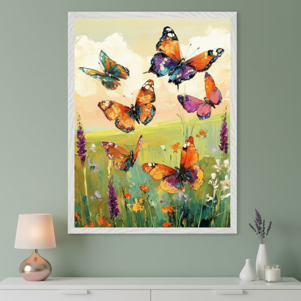 Modern room with a white console table. A large framed painting of several colorful, textured butterflies flying over a green and yellow wildflower meadow hangs centered above the table. A rose gold lamp is on the left, and lavender in a vase on the right.