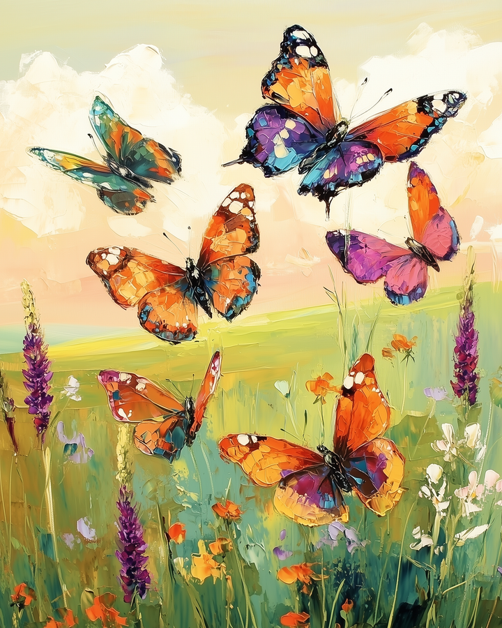 A vibrant painting depicts six colorful butterflies fluttering above a lush meadow filled with wildflowers. The butterflies showcase a mix of orange, purple, and turquoise hues, while the field is dotted with orange, purple, and white blossoms under a soft, pastel sky.