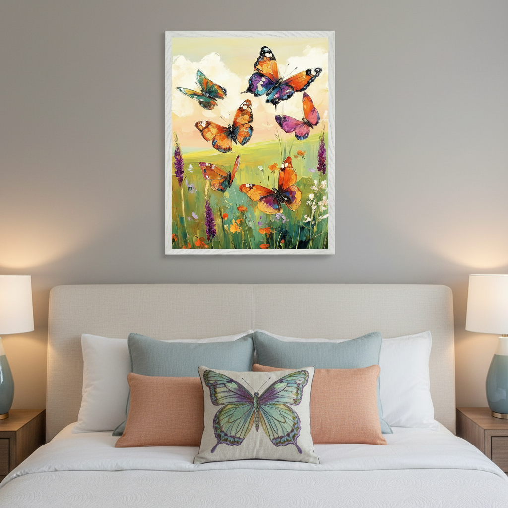 Modern bedroom with a neutral upholstered bed. A white-framed, vibrant oil painting of multiple colorful butterflies flying over a wildflower field hangs centered above the bed.