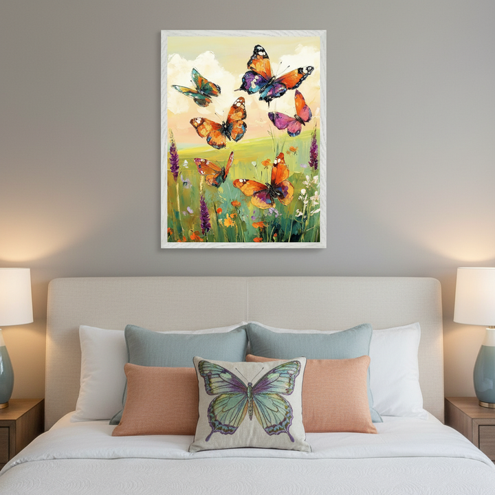 Modern bedroom with a neutral upholstered bed. A white-framed, vibrant oil painting of multiple colorful butterflies flying over a wildflower field hangs centered above the bed.
