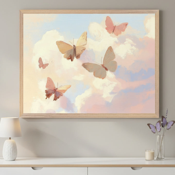 Modern room with a white credenza. A large framed painting of beige and pink butterflies in a pastel blue, pink, and yellow cloudy sky hangs centered above the credenza. A lamp and decorative items are on the credenza.