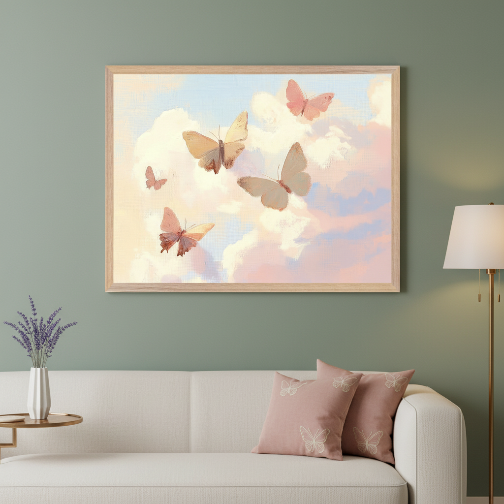Modern living room with a white sofa. A large light wood framed painting of several butterflies flying in a pastel cloudy sky hangs above the sofa. The painting has a painterly style.