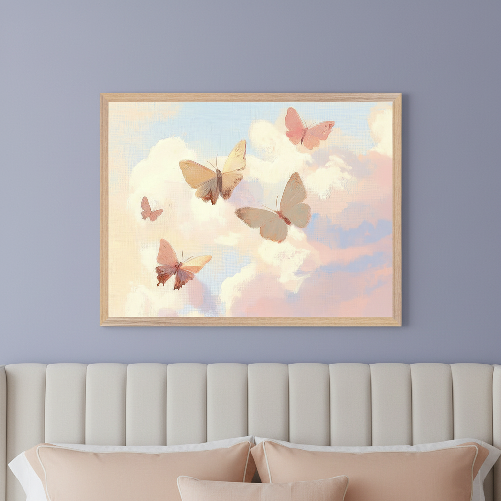 Modern bedroom with a light, channel-tufted headboard. A framed painting of several pink and yellow butterflies flying among pastel clouds hangs centered above the bed. The artwork has a light wood frame.