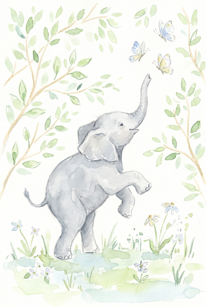 Baby elephant reaching for three butterflies under green leaves in this watercolor butterfly baby elephant wall art.