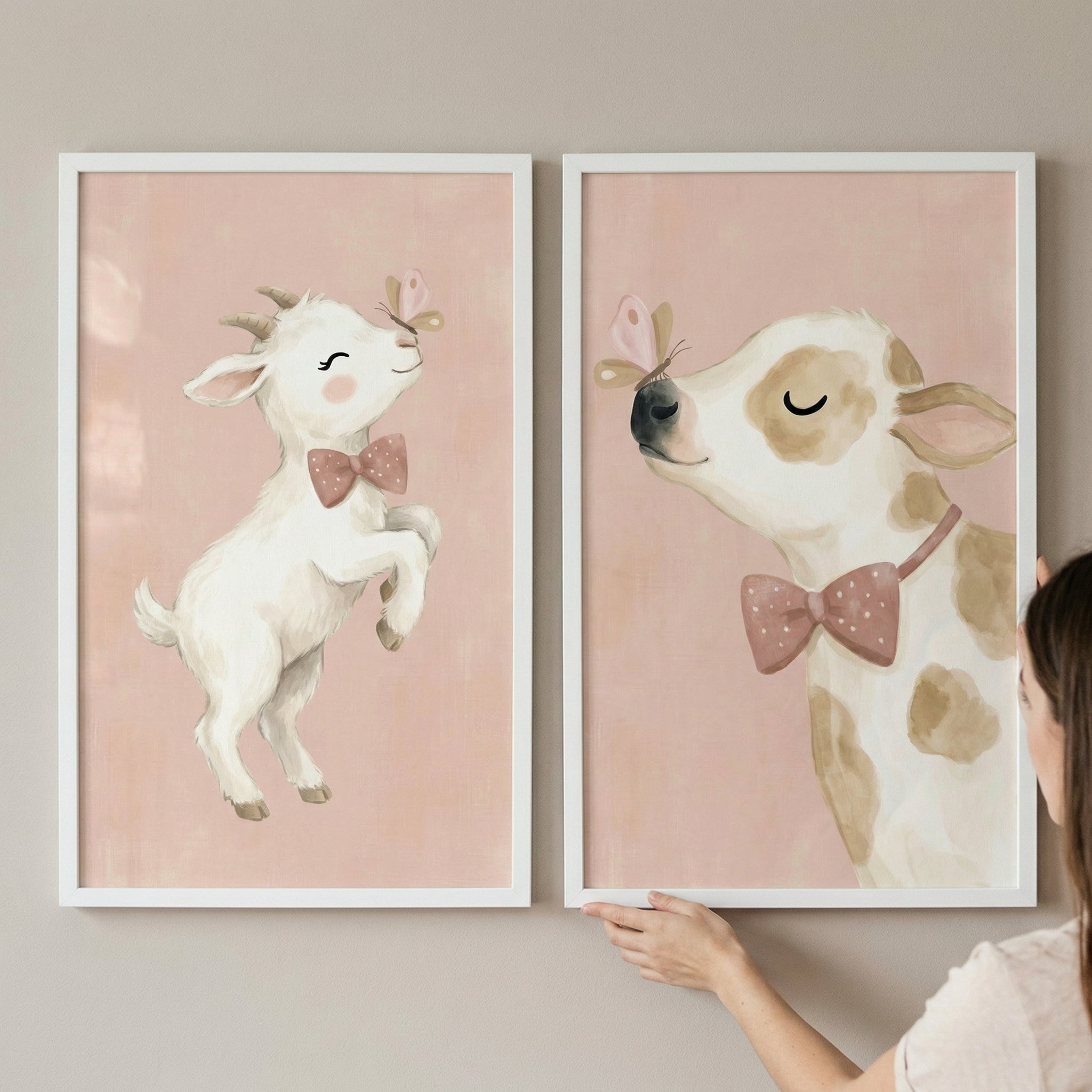 Butterfly Blush Farm Animal Wall Art Set of 2 - Gentle Farm Friends